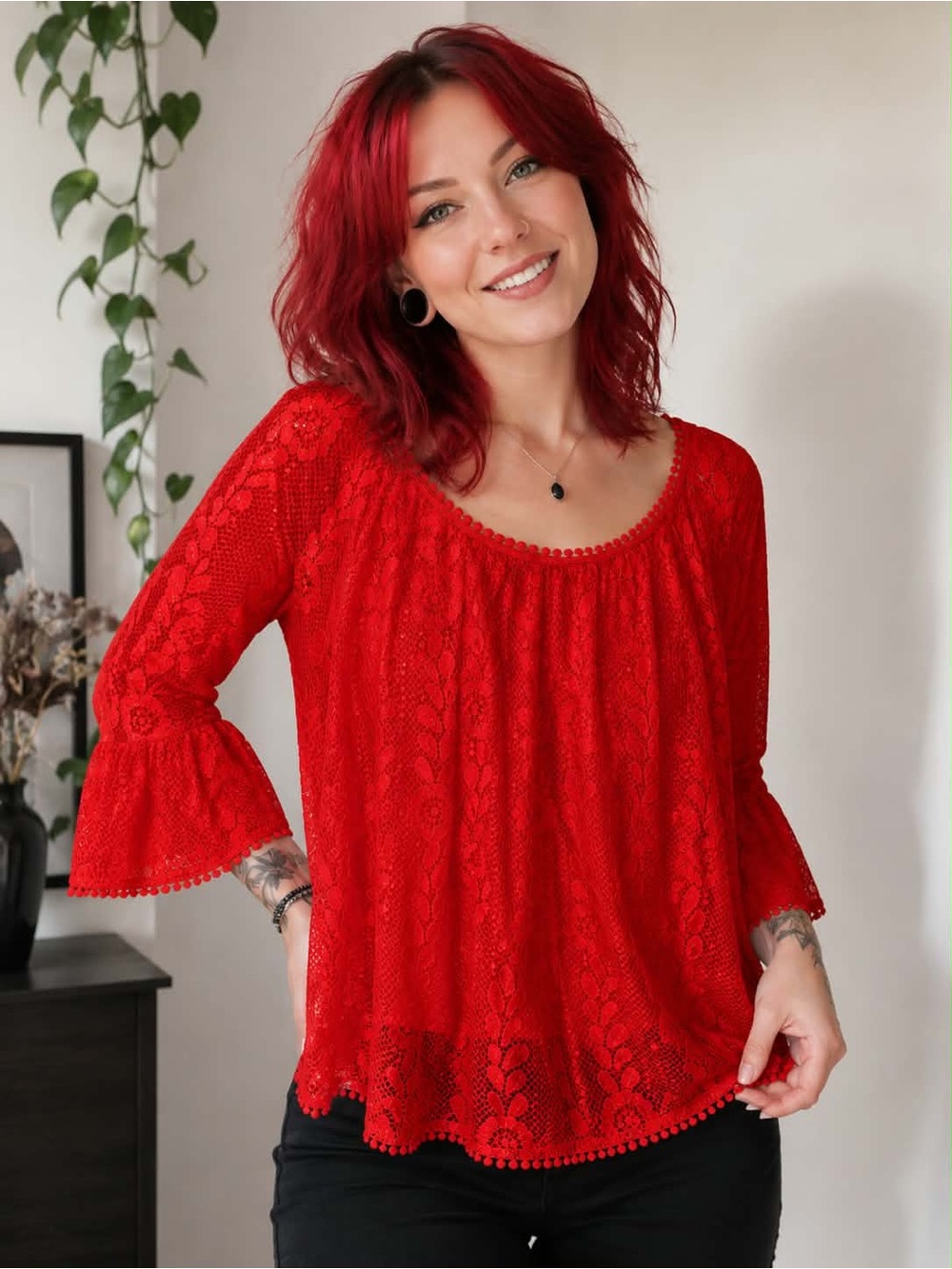 Liz Claiborne Red Lace Scoop-Neck Bell Sleeve Blouse